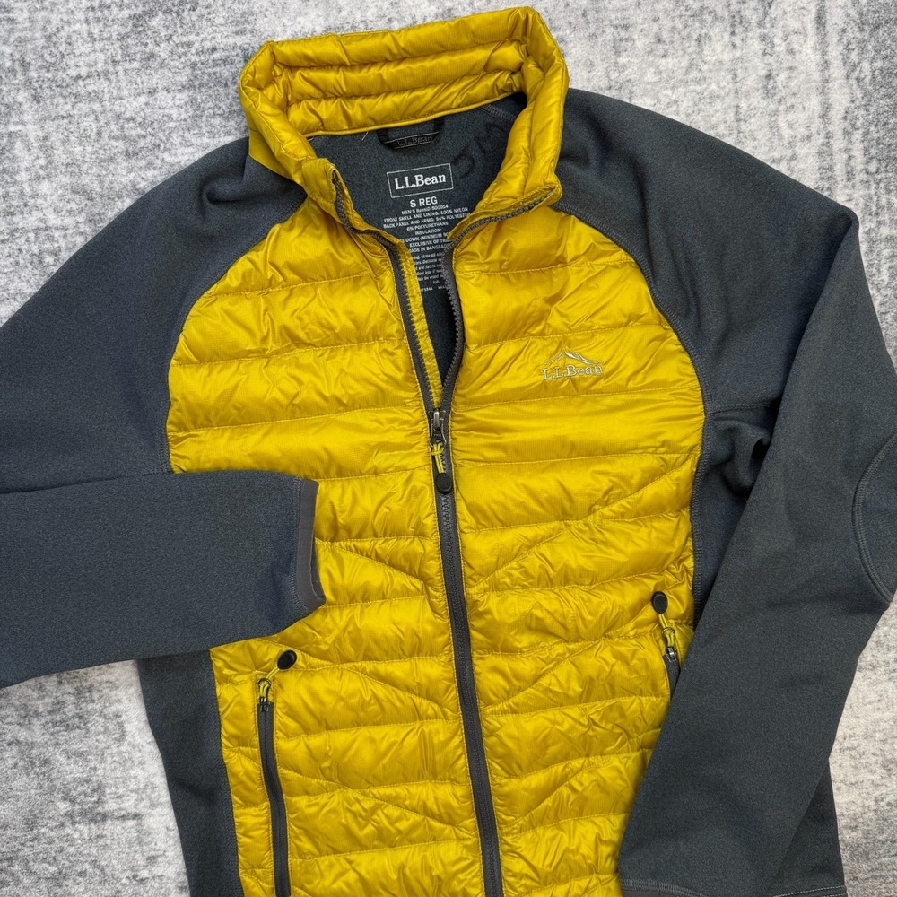 LL Bean Jacket Mens Small Yellow Gray Hybrid Puffer 850 Goose Down Fill Downtek